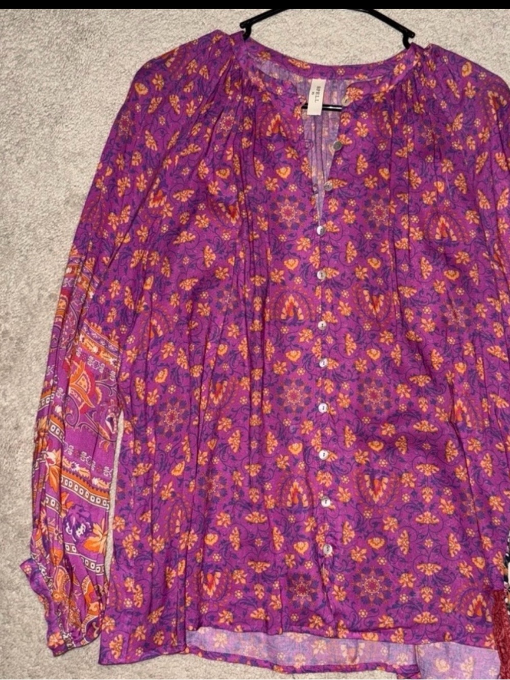 Spell Purple and Orange Button-Front Boho Blouse